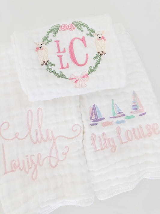 Custom Monogrammed Burp Cloth Set (Girl)