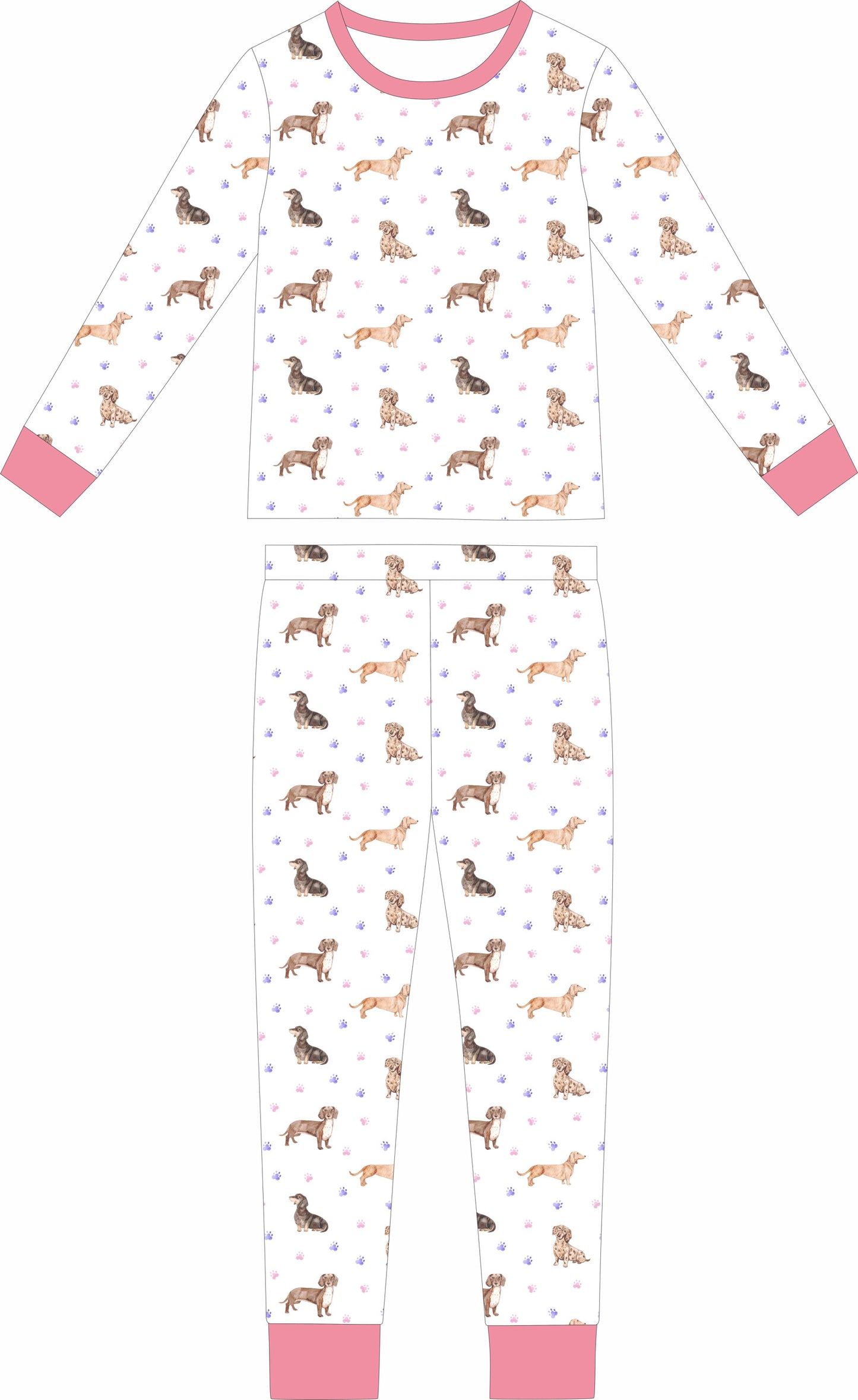 Dachshund Long Sleeve and Long Pants Pajamas- Pink Trim