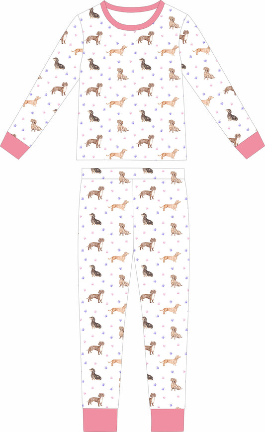 Dachshund Long Sleeve and Long Pants Pajamas- Pink Trim