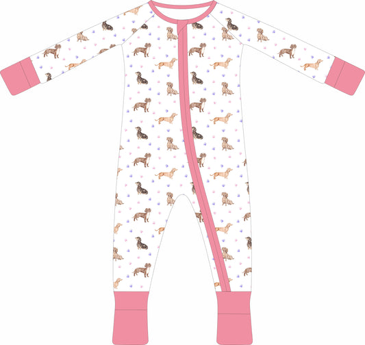 Dachshund Zip Pajamas - Pink Trim