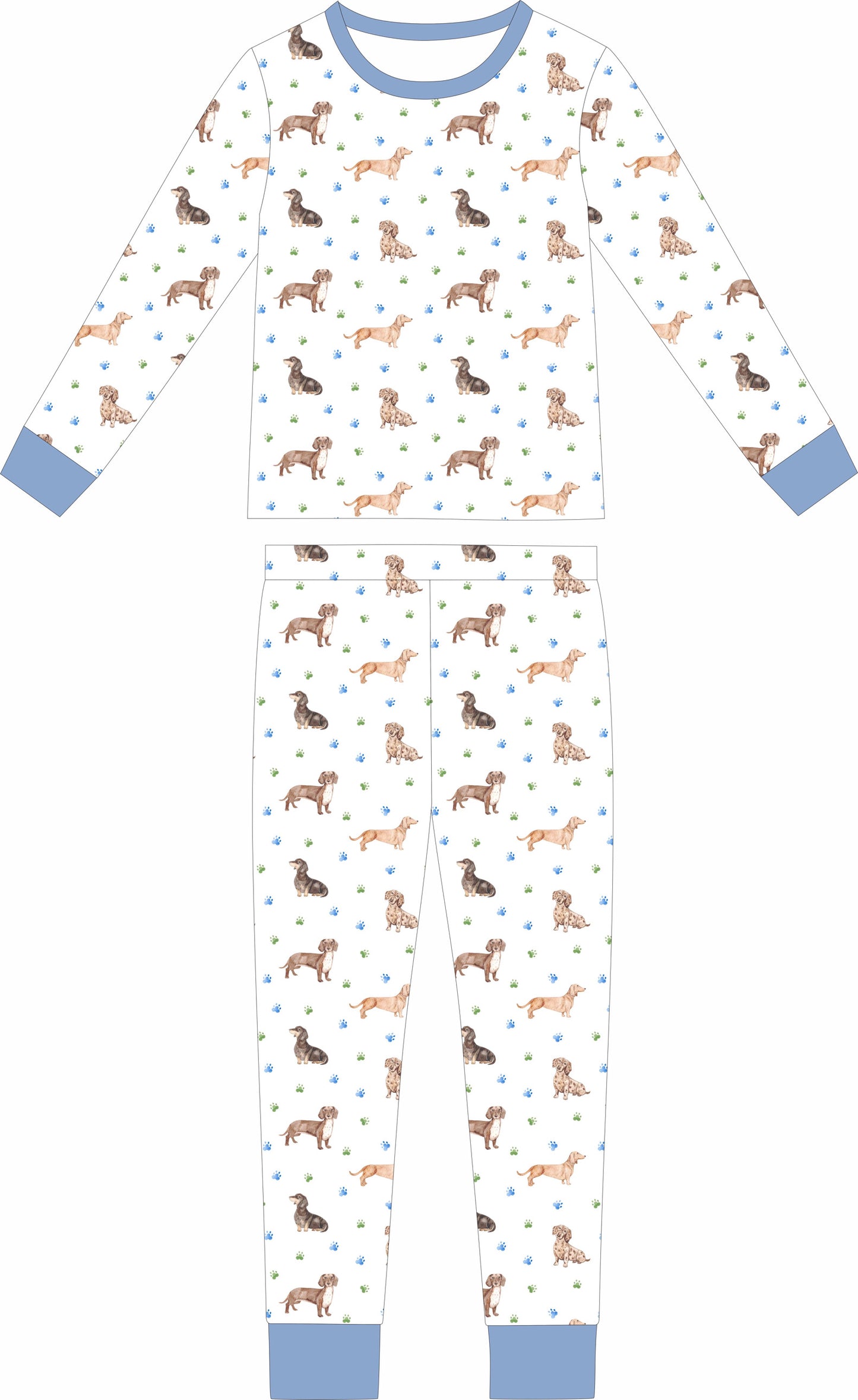 Dachshund Long Sleeve and Long Pants Pajamas- Blue Trim