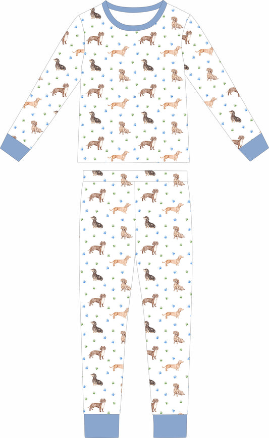 Dachshund Long Sleeve and Long Pants Pajamas- Blue Trim