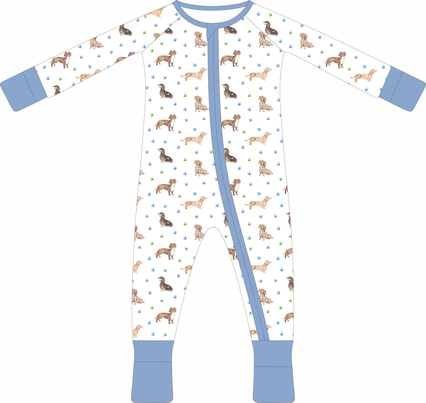 Dachshund Zip Pajamas - Blue Trim