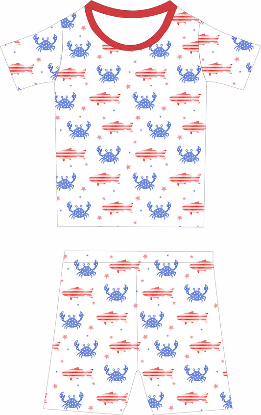 Patriotic Crab and Fish Short Sleeve and Short Pajamas